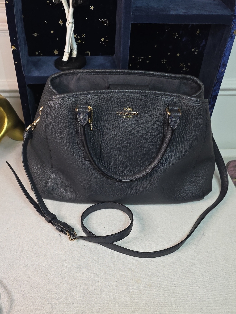 Coach Margot Navy Carryall Pebbled Leather Satchel with Gold Hardware